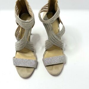 Jessica Simpson Beige and Silver Glitter Strappy Sandals Faux Suede Sz 8
